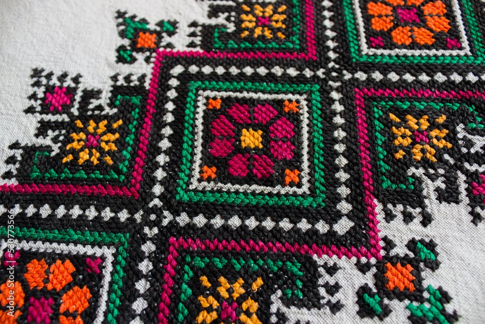 Ukrainian traditional embroidery pattern on fabric.