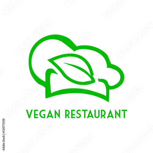 Concepto dieta vegana verde. Logo lineal con texto Vegan Restaurant con silueta de sombrero de chef y hoja de planta