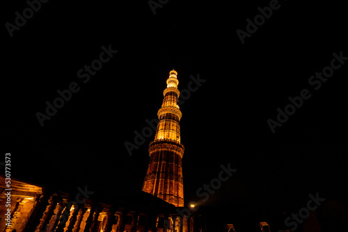 Qutub minar at night with lights
