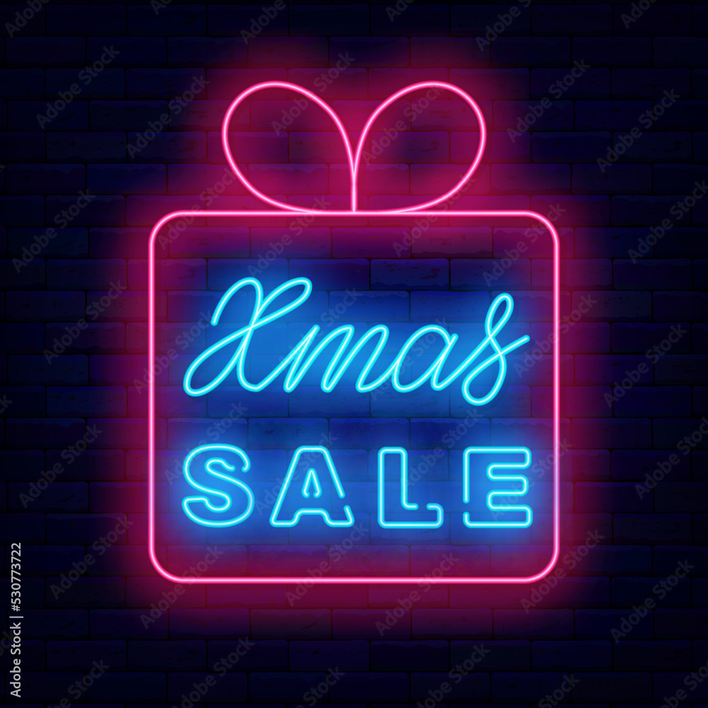 Xmas sale neon signboard in present frame. Merry Christmas special offer. Light lettering. Vector stock illustration