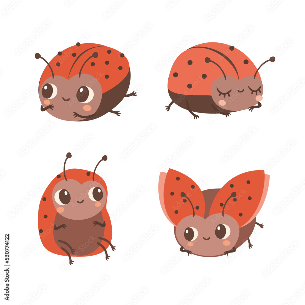Ladybugs. Cartoon insects set.