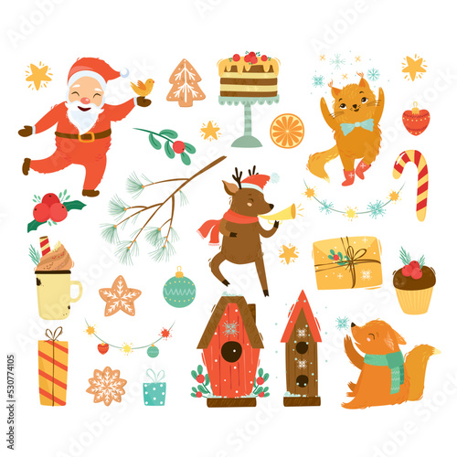 Vector cartoon christmas clipart with santa claus. Funny animals, Christmas drinks and pies. Christmas decorations