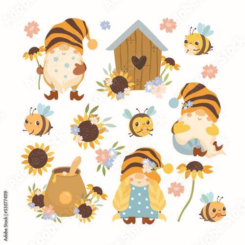 Bee gnomes and honey bees. Sunflower flowers. Honey apiary. Honey bee clipart collection