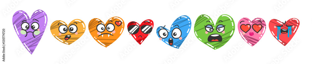 Heart Emoticon Set. Doodle faces, eyes and mouth for Valentine's Day and holidays of love. Caricature cartoon expressive emotions, smiling, crying and surprised character face expressions Heart Emoticon Set. Doodle faces, eyes and mouth for Valentine's Day and holidays of love. Caricature cartoon expressive emotions, smiling, crying and surprised character face expressions