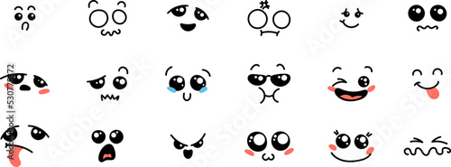 Various Cartoon Emoticons Set. Doodle faces, eyes and mouth. Caricature comic expressive emotions, smiling, crying and surprised character face expressions