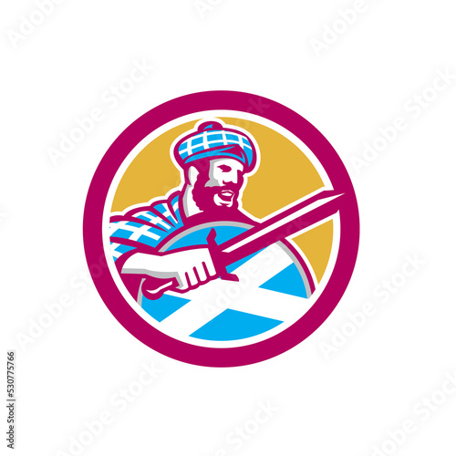 Highlander Scotsman Sword Shield Circle Retro