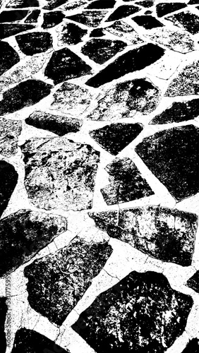 Old paved vintage alley, uneven paseo way footpath. Retro dirty stony pathway ancient city. Modern grunge grimy stone blocks straight road. Shabby stained rustic aged messy minimal design avenue sett