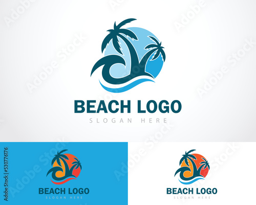 beach logo creative design concept sun sunrise travel logo tree design natural tropical emblem