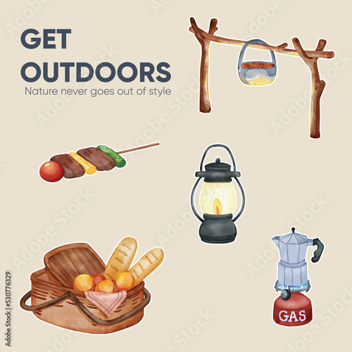 Sticker template with autumn camping picnic concept,watercolor style