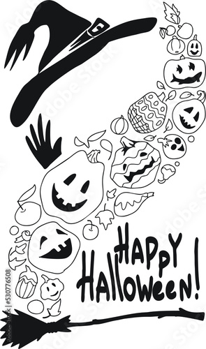 Coloring book, Happy Halloween. A pumpkin tornado under a witch's hat.
