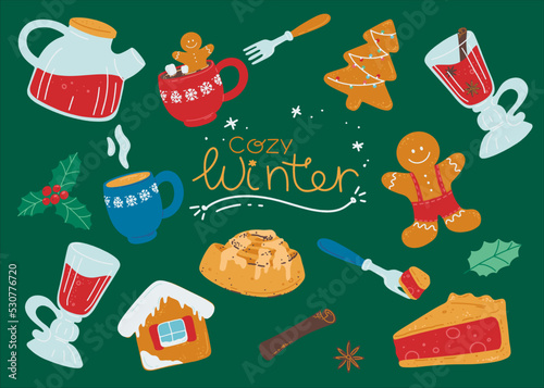 Winter tea set. Teapot with hot tea, pies, cinnamon roll, cups and glasses of mulled wine. Cozy Christmas party. Vector illustration in a flat style.