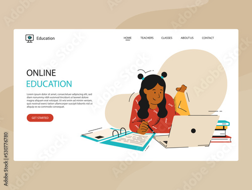 Online education concept. Website page vector layout. Illustration in a flat style with a girl studying remotely. Student study online at home in a comfortable environment.