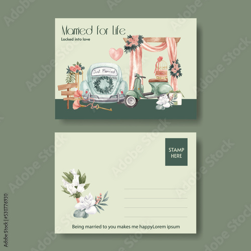 Postcard template with gorgeous green wedding concept,watercolor style