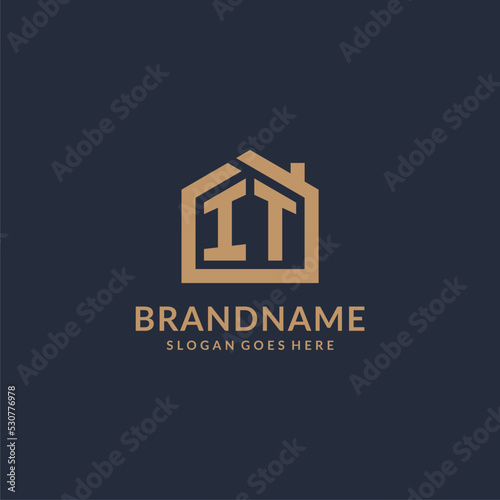 Initial letter IT logo with simple minimalist home shape icon design