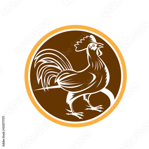 Chicken Rooster Side Circle Woodcut