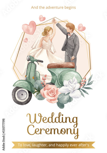 Poster template with gorgeous green wedding concept,watercolor style