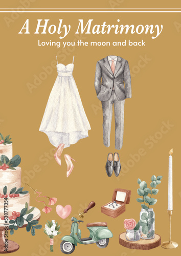 Poster template with gorgeous green wedding concept,watercolor style