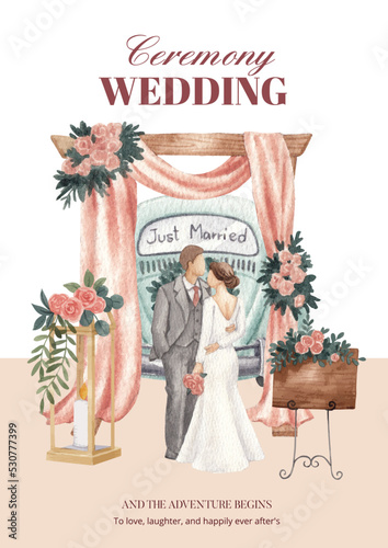 Poster template with gorgeous green wedding concept,watercolor style