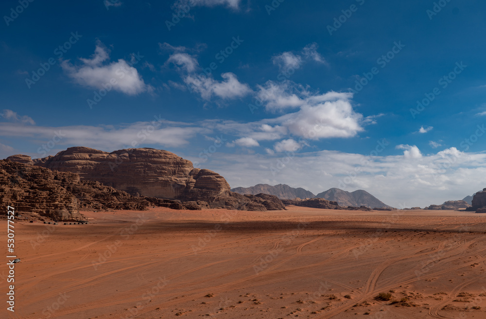 Wadi Rum desert and rock formations on a sunny day, Jordan landscapes