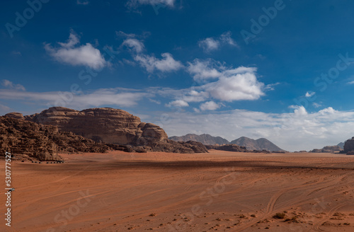 Wadi Rum desert and rock formations on a sunny day, Jordan landscapes