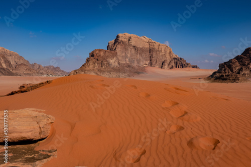 Wadi Rum desert and rock formations on a sunny day, Jordan landscapes © Pawel 