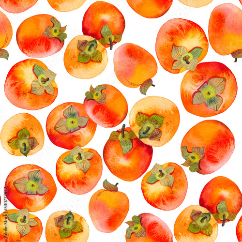 Watercolor persimmon fruits seamless pattern, hand painted nature elements isolated on a transparent background, decorative botanical illustrations