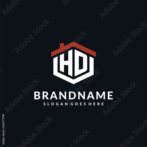 Initial letter HD logo with home roof hexagon shape design ideas