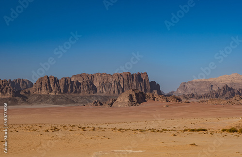 Wadi Rum desert and rock formations on a sunny day  Jordan landscapes