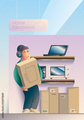 Shopping in a home appliance store, a modern happy young man in headphones, took a box with a monitor. Cute cartoon soft colors vector illustration. Marketplace, a showcase with electronics goods