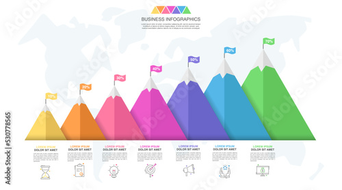 Vector illustration of mountains. Infographic seven step modern template for describing how to reach goal, successful, timeline, app, chart.