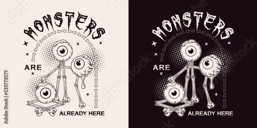 Arched monochrome emblem with moving monsters made of bones, human eyeballs with drops of goo, slime, text. Round halftone shapes, little stars on background. Creepy illustration