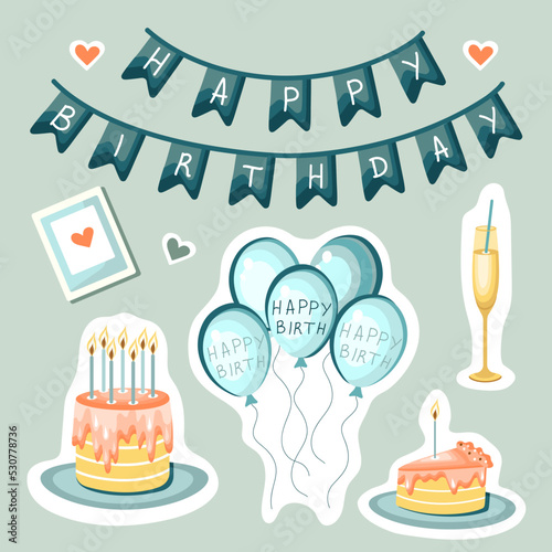 Set of happy birthday stickers. Birthday cake with candles, balloons, champagne, and garland. Hand Drawn illustration.