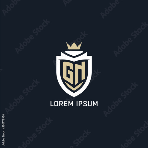 Initial letter GN shield and crown logo style, esport team logo design inspiration