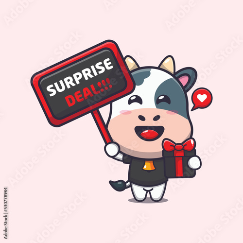 Cute cow in black friday cartoon mascot illustration photo