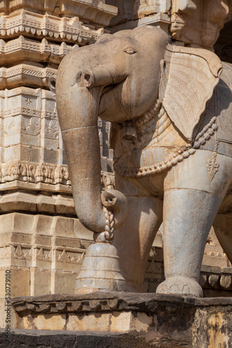 statue of elephant at entrance of Krishna Meera Temple in Amer