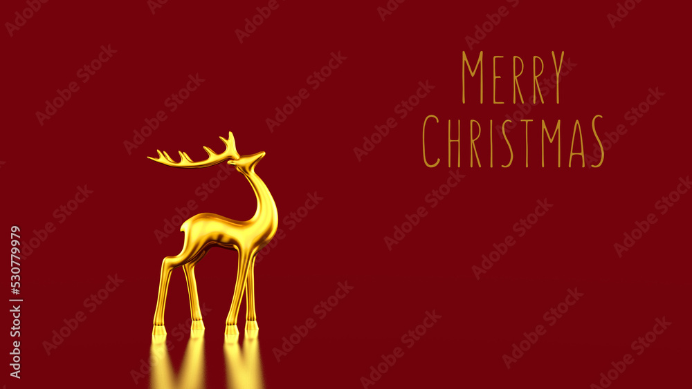 Fototapeta premium Merry Christmas gold deer sculpture with message and copy space on shiny red 8k widescreen background. 8k 3D illustration render. 