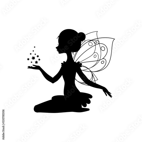 Winged fairy silhouette. Illustration of a sitting fairy with star dust in the cartoon style isolated on a white background. Vector 10 EPS.