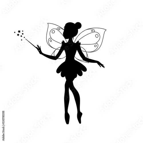 Winged fairy silhouette. Illustration of a ballet dancing fairy in the cartoon style isolated on a white background. Vector 10 EPS.