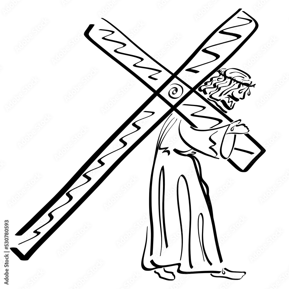 Φωτογραφία Lord Jesus in a crown of thorns carries his cross to Calvary, black pattern on w