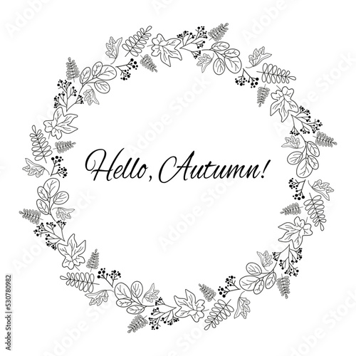Set of doodle autumn elemetns on white. Cute vector frame for coloring book  greeting card  print.