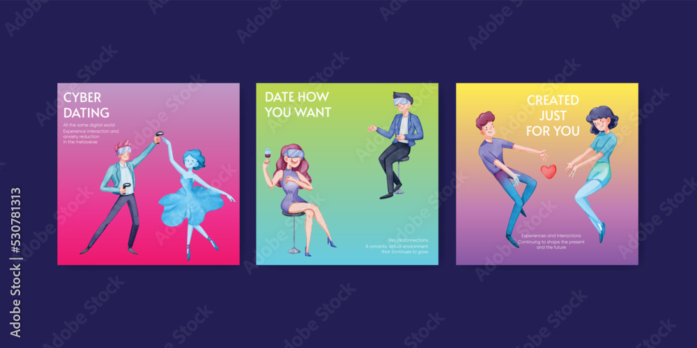 Banner template with VR Dating concept,watercolor style