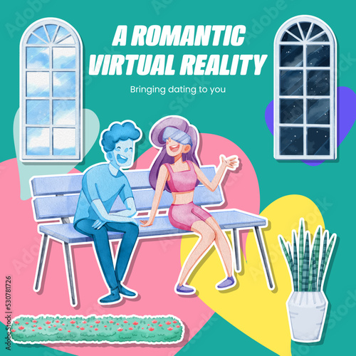 Sticker template with VR Dating concept,watercolor style
