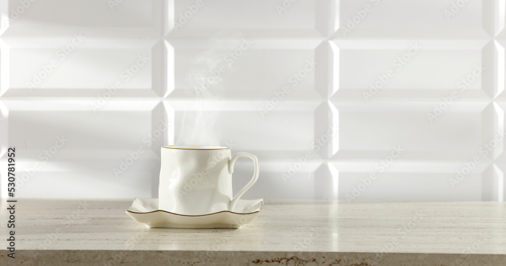 Coffee on the white kitchen table, sun shadows on the wall and empty space Coffee on the white kitchen table, sun shadows on the wall and empty space