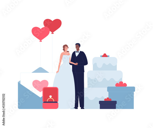 Marriage diversity character set. Vector flat design people wedding illustration. Heterosexual mixed ethnic couple of bride in dress and african groom in tuxedo. Cake, heart shape ballon, ring symbol