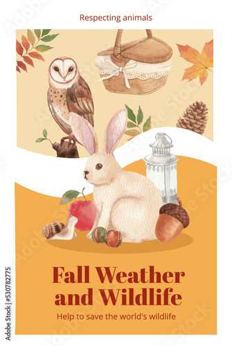 Poster template with autumn outfit woodland life concept,watercolor style