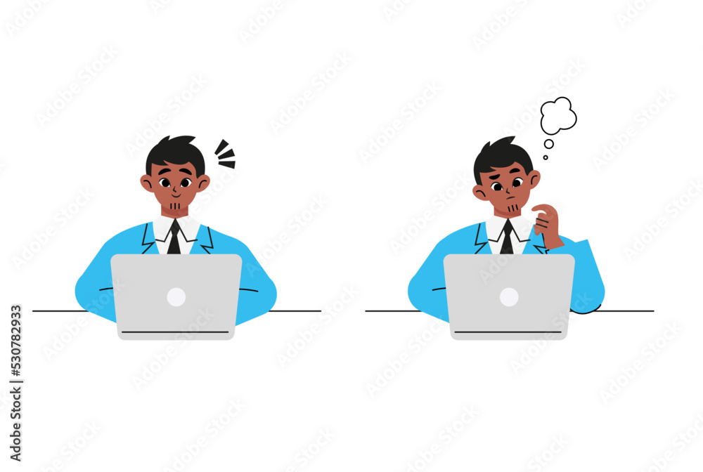 2 patterns of american businessmen using laptops. Flat vector illustration isolated on white background 2 patterns of american businessmen using laptops. Flat vector illustration isolated on white background