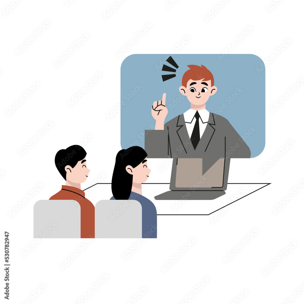 Distance learning concept in flat line design for web banner. Student watching video lecture or webinar at laptop, online education, modern people scene. Flat vector illustration isolated on white Distance learning concept in flat line design for web banner. Student watching video lecture or webinar at laptop, online education, modern people scene. Flat vector illustration isolated on white