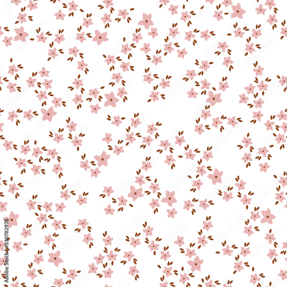 Simple vintage pattern. small pink flowers. brown leaves . white  background. Fashionable print for textiles and wallpaper.