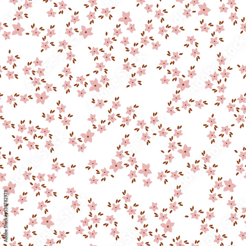 Simple vintage pattern. small pink flowers. brown leaves . white background. Fashionable print for textiles and wallpaper.