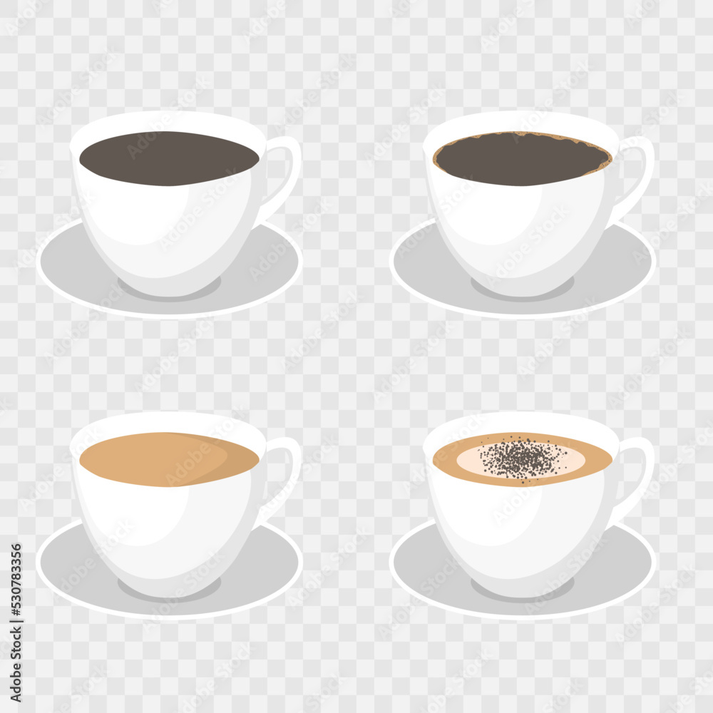 White cups of coffee. Cappuccino latte americano espresso cocoa. Hot coffee in white cups. White cups of coffee. Cappuccino latte americano espresso cocoa. Hot coffee in white cups.